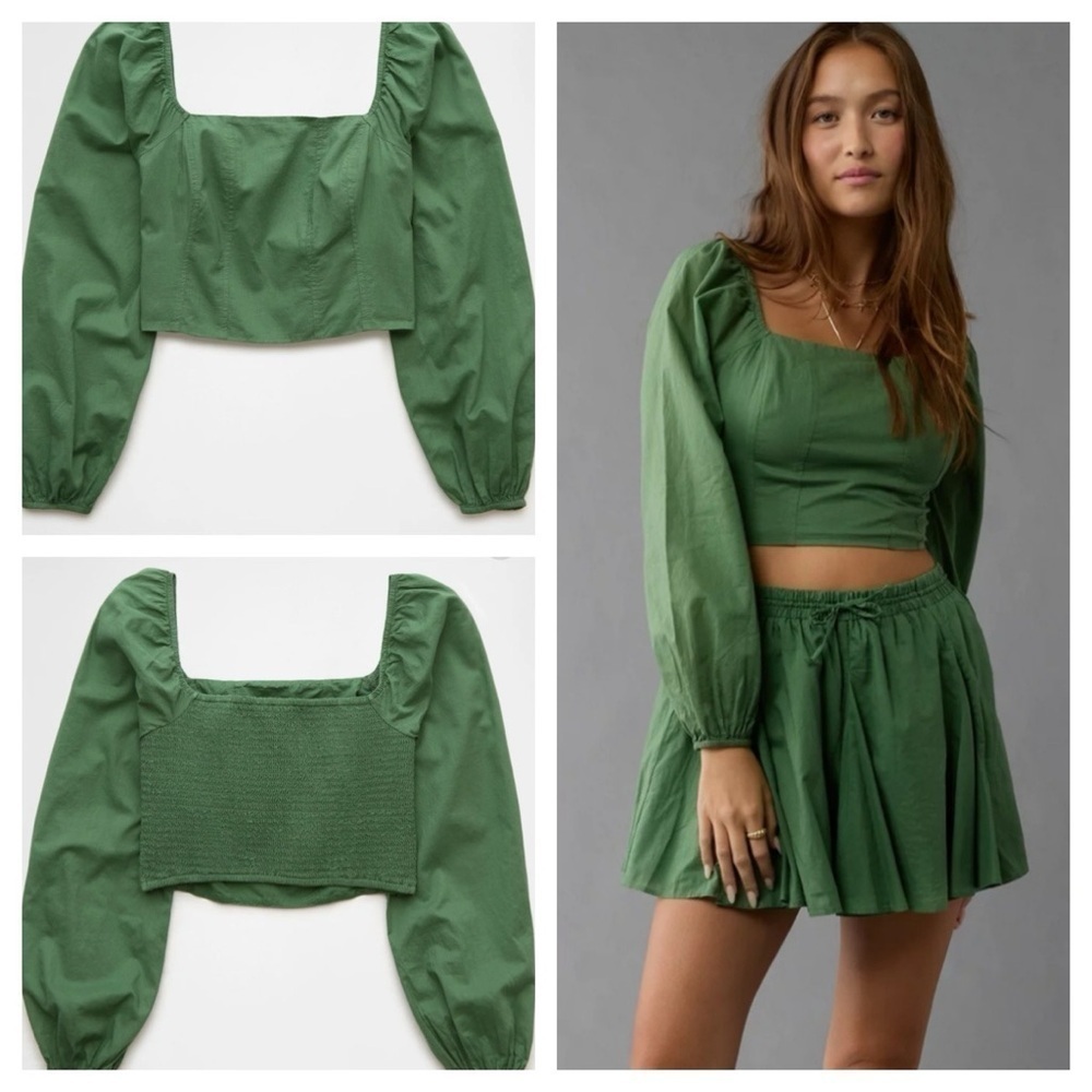 AE Cropped Corset Balloon Sleeve Top Size S Green